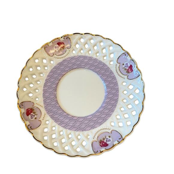 Grace Teaware Teacup & Saucer Floral Lavender Rose Lattice Gold Accents New - Picture 7 of 16